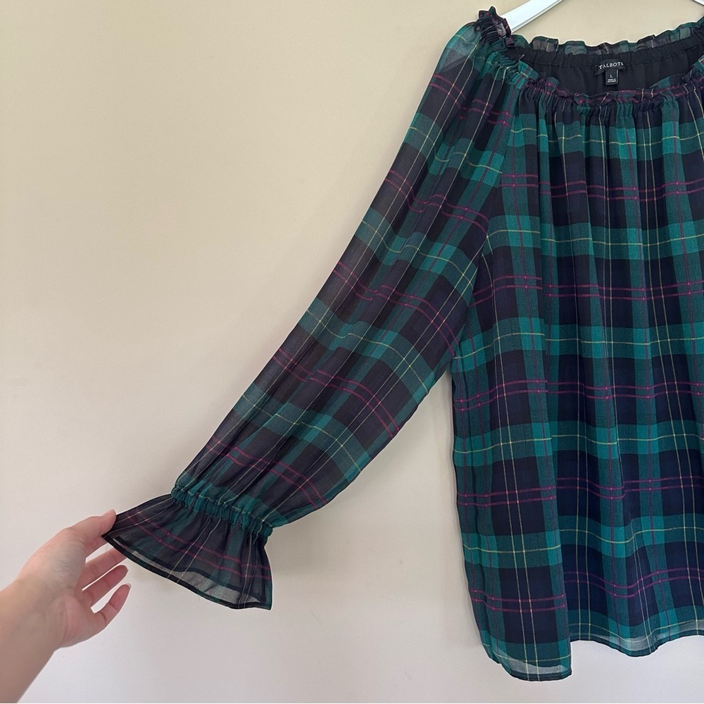 Talbots Tartan Plaid Bell Sleeve Top Women L Blouse Navy Green Ruffle Poet Sleev - Picture 8 of 13